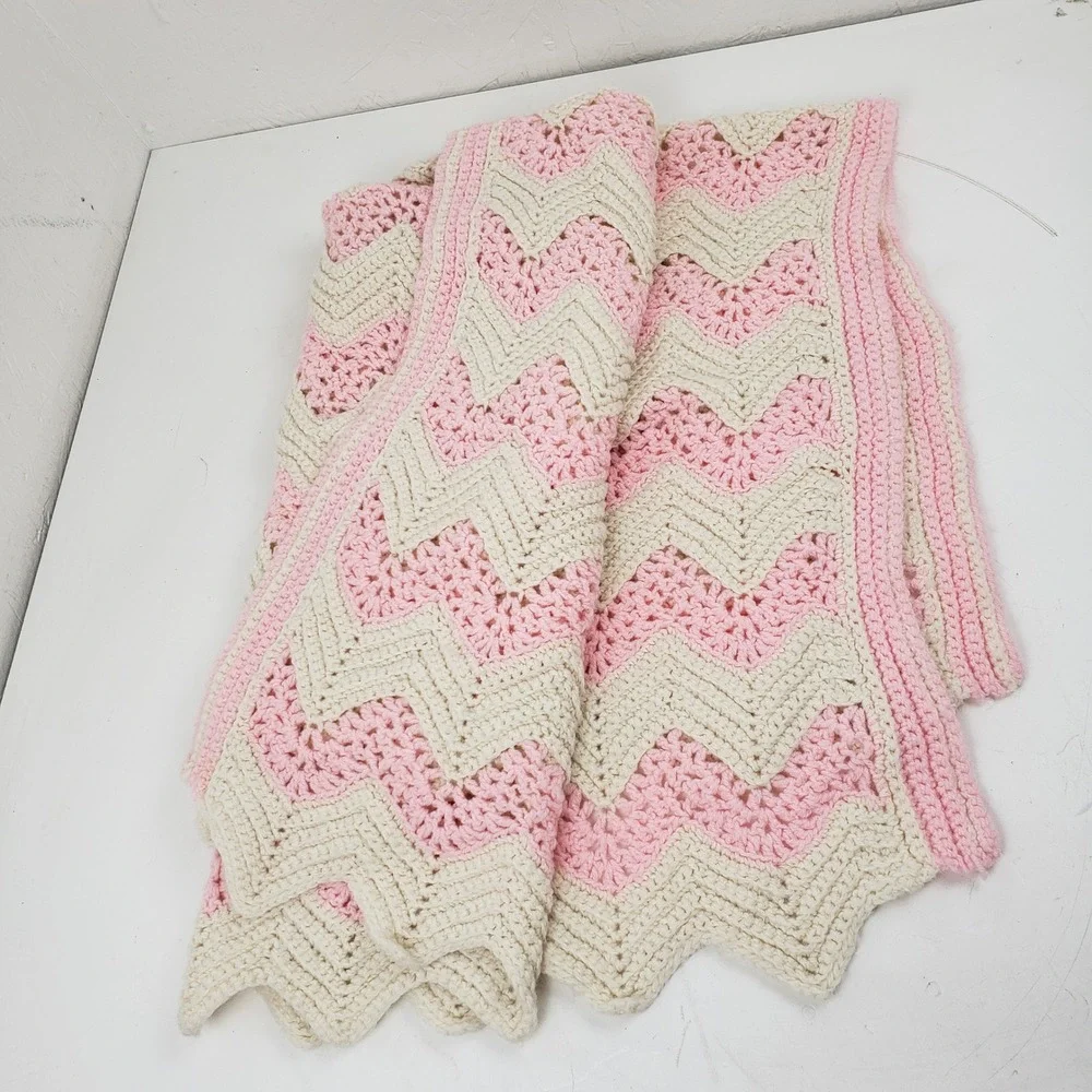 Handmade Crochet Baby Blanket Pink Cream Chevron Ripple Stitch Nursery Throw
